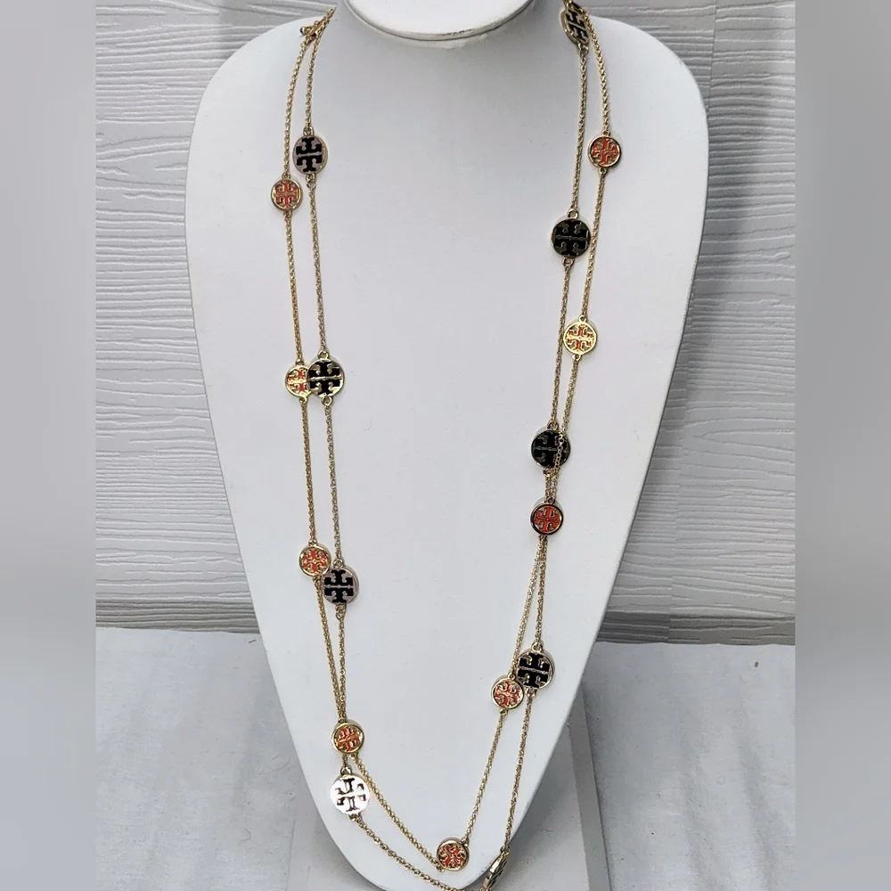Tory Burch 2 Logo Necklaces Orange And Black 19.5